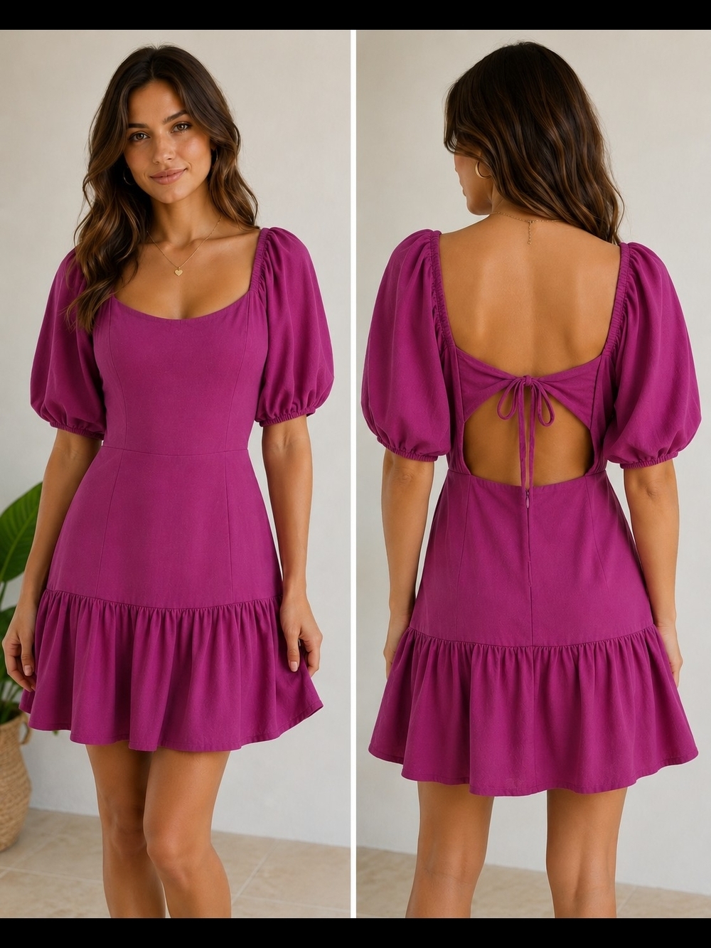 MINKPINK Magenta Puff-Sleeve Mini Dress with Open Back Tie Linen/Viscose Blend